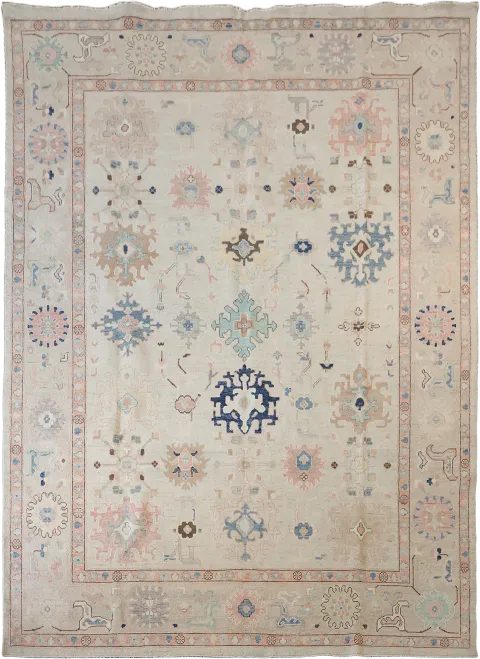 Classic Handwoven Oushak Oriental Wool Rug in Neutral Colors and Vintage Style 9x12