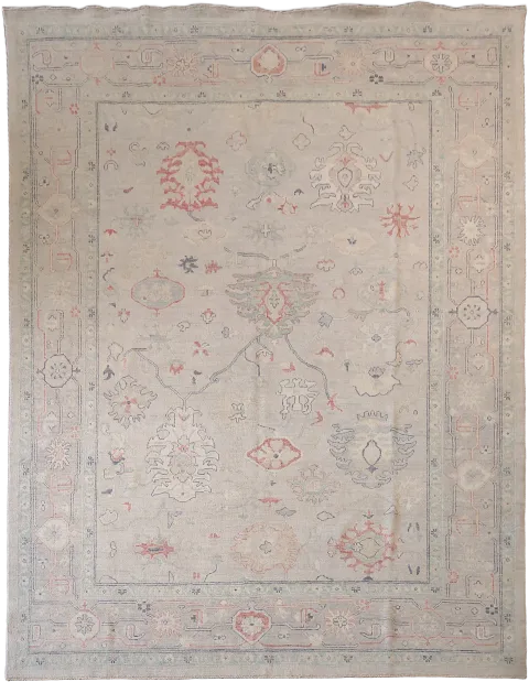 Vintage-Inspired Beige Oriental Oushak Wool Rug with Elegant Pattern Accents 9x12