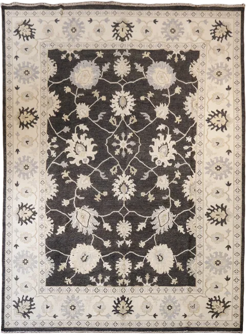 Palace Size Elegant Charcoal and Ivory Floral Oriental Wool Oushak Area Rug for Living Space 12x16