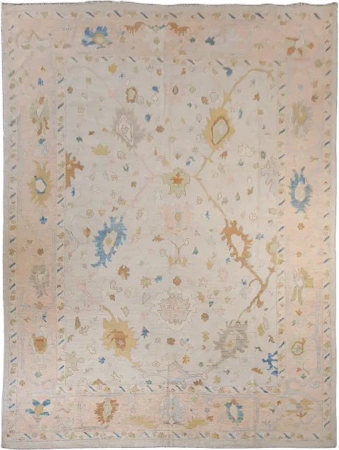 Muted Ivory Vegetable Dye Wool Traditional Oushak Area Rug 10x14