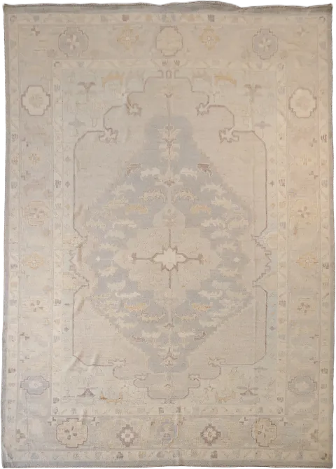 Vintage-style beige Wool Oriental Oushak rug with intricate geometric patterns 10x14