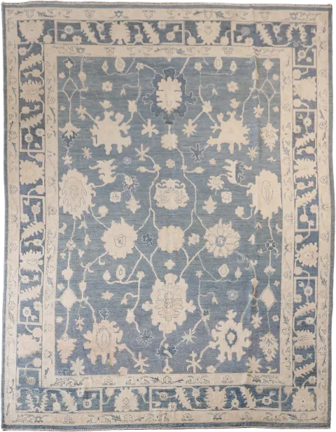 Classic Blue Floral Grey Oriental Oushak Rug with Ornate Border for Luxurious Interiors 9x12