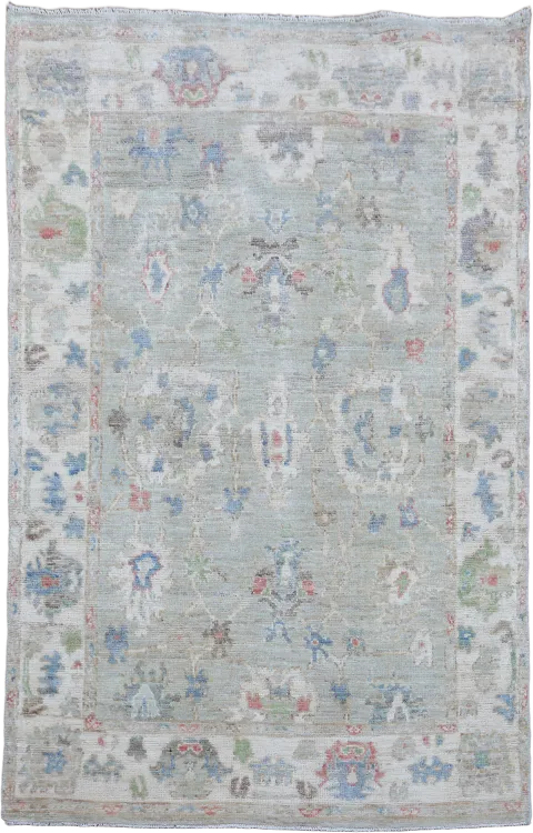 Muted Green All Over Traditional Oushak Oriental Wool Rug 4x6