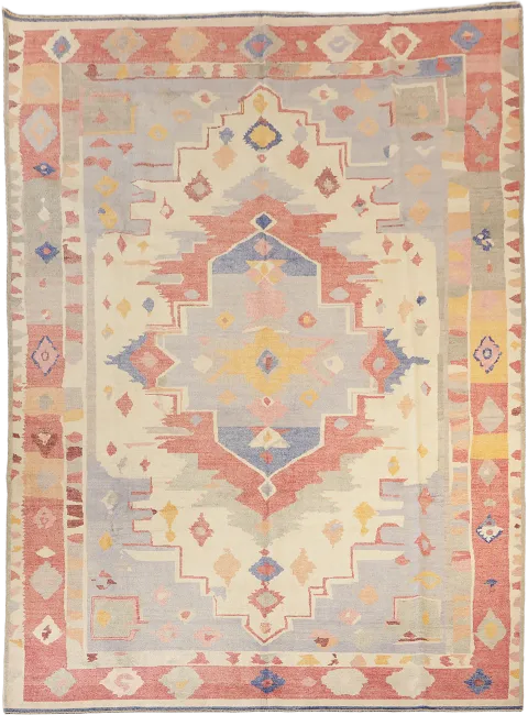 Rare! Colorful Oriental-Inspired Ivory Geometric Wool Oushak Rug  9x12