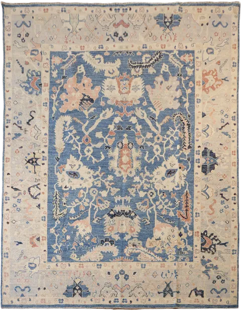 Vintage Style Blue Turkish Oriental Wool Rug with Soft Blue and Beige Floral Designs 9x12