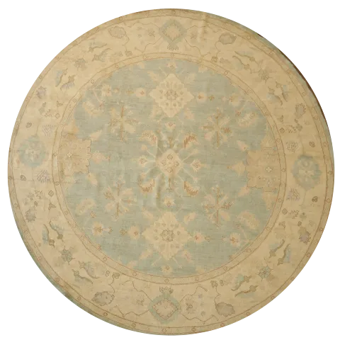 Vegetable Dye Green Geometric Oriental Traditional Oushak Round Wool Rug 8x8