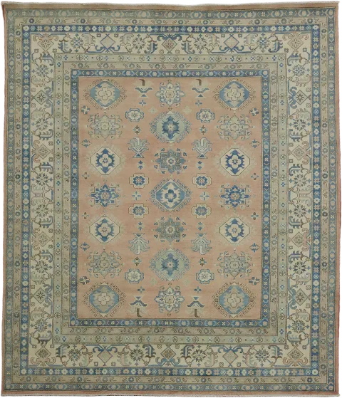 Peach / Coral Salmon and Blue Geometric Kazak Hand-made Rug 8x10