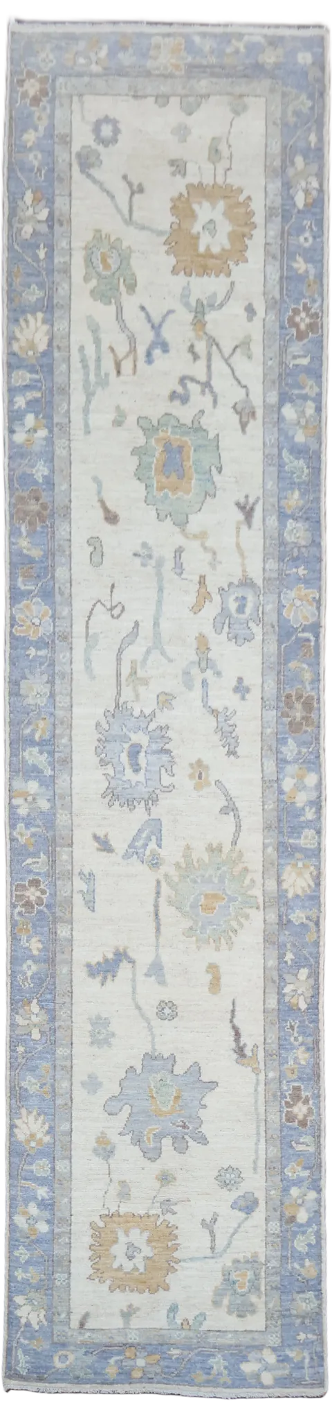 Ivory All Over Floral Muted Oushak Turkish Runner Wool Rug 3x11