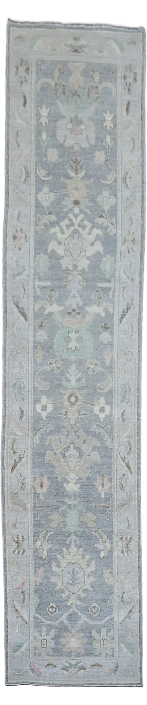 Muted Grey Geometric Oriental Wool Oushak Turkish Runner Rug 3x13