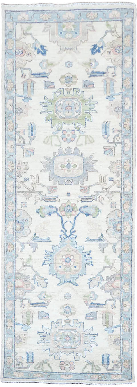 Geometric Avery Vegetable Dye Wool Oushak Turkish Runner Rug 3x8