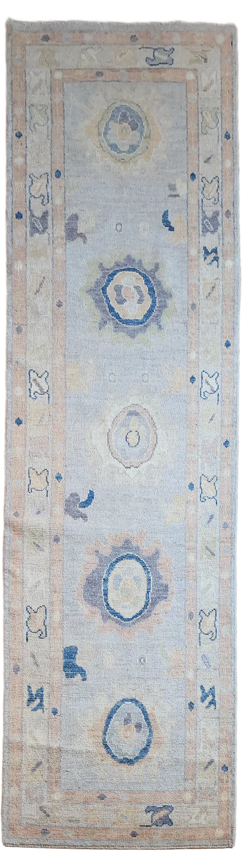 Floral Grey Vegetable Dye Wool Oushak Turkish Runner Rug 3x10
