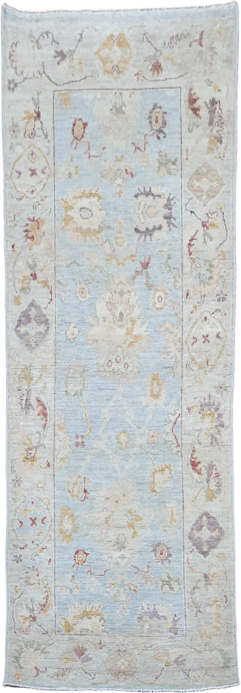 Blue Vegetable Dye Wool Oushak Turkish Runner Rug 3x8