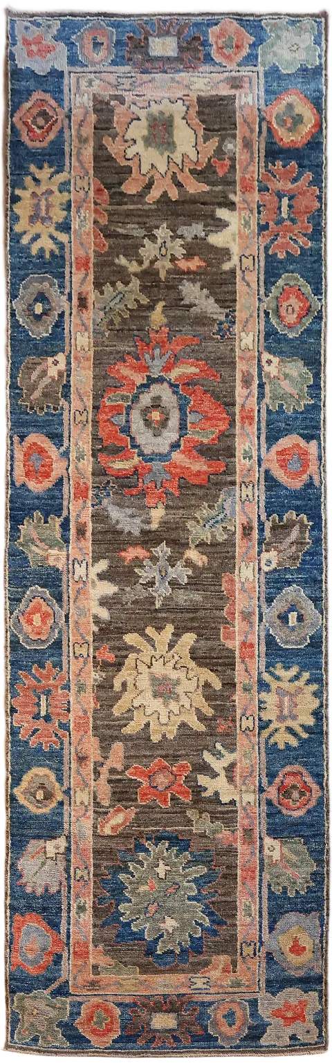 Brown Vegetables Dye Wool Oushak Turkish Runner Rug 3x9