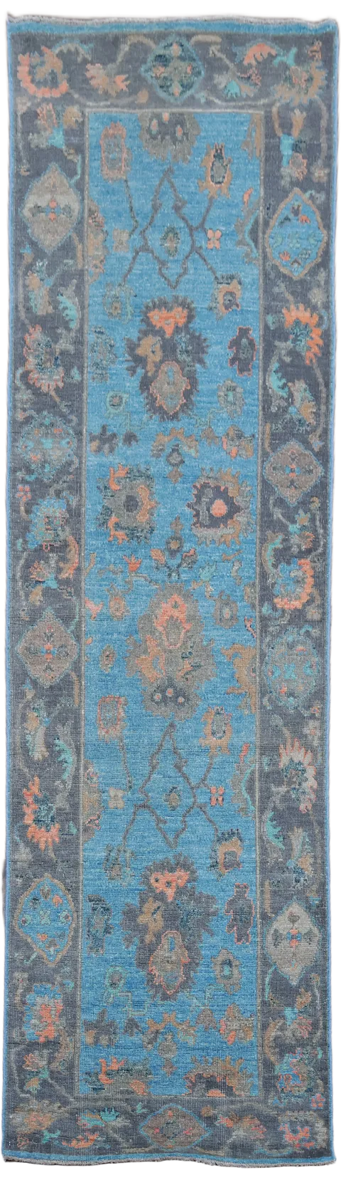 Blue Wool Oushak Turkish Runner Rug 3x10