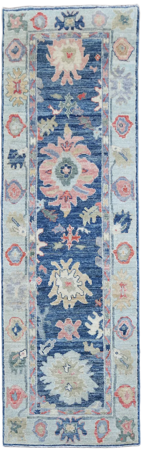 Blue Vegetable Dye Wool Oushak Turkish Runner Rug 3x9