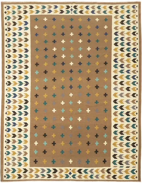 Chic Beige Brown Flat-Weave Kilim Rug with Colorful Cross-Stitch Inspired Designs 10x13