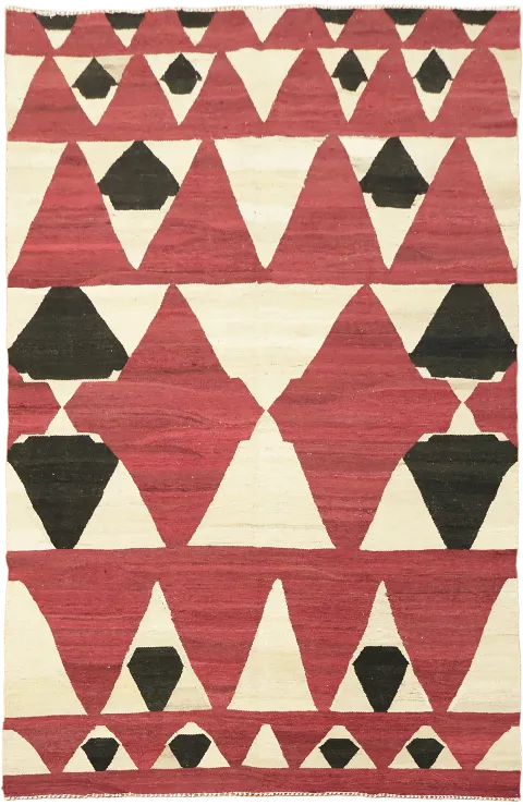 Flat-Woven Kilim Bold Red and Black Geometric Wool Rug 5'x8'