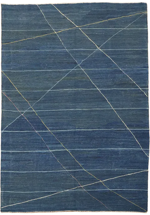 Contemporary Denim Blue Flat-Weave Kilim Modern Rug 7'x10'