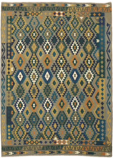 Colorful Tribal Pattern Dark Grey Flat-Woven Kilim Rug 7'x10'