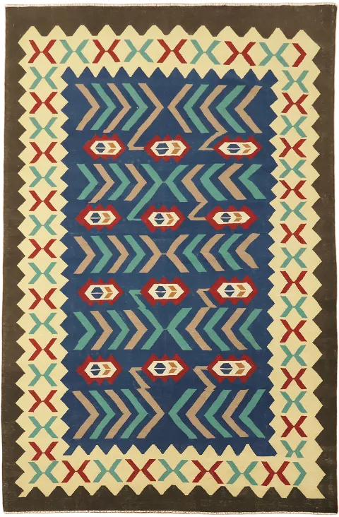 Handwoven Kilim Turkish Rug with Distinctive Chevrons and Borders 7'x10'
