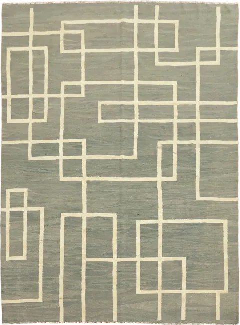 Urban Style: Geometric Maze Design Grey and Cream Flat-Weave Modern Kilim Rug 11'x14'