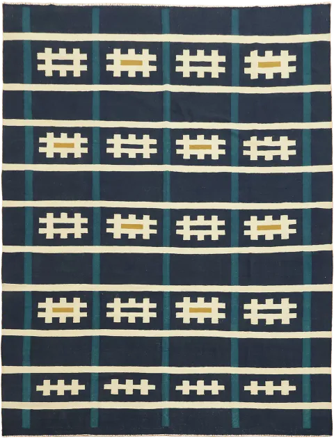 Modern Geometric  Navy Blue Turkish Kilim Wool Rug 10'x13'