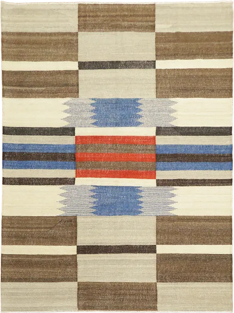 Natural Wool Modern Kilim Rug Featuring Modern Geometric Block Patterns 9'x12'