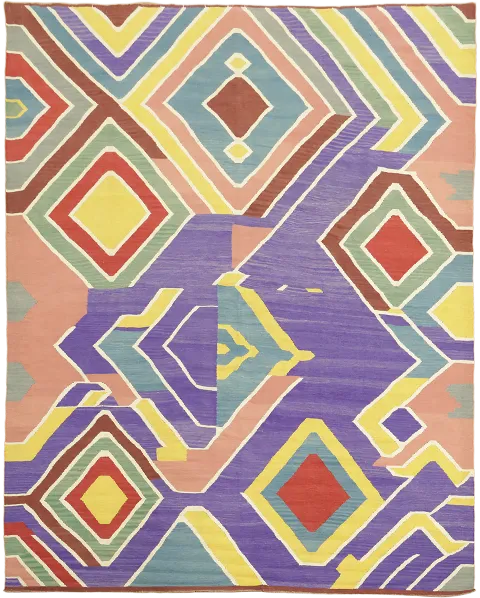 Bright and Playful Purple and Pink Kilim Flat-Weave Rug for Modern Interiors 8'x10'