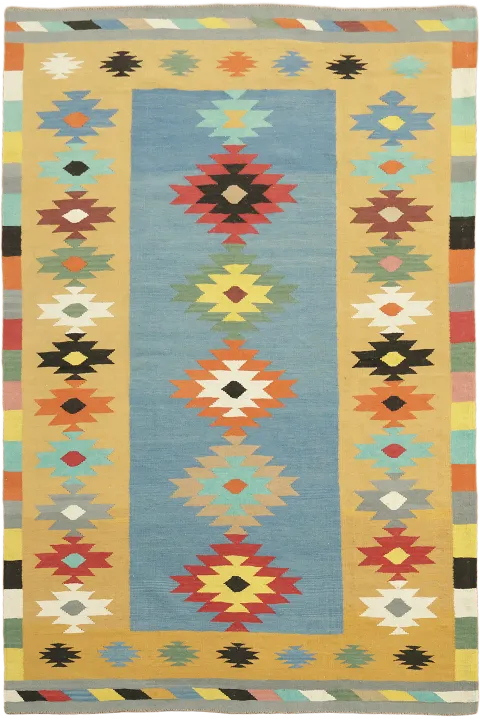 Southwestern Style Kilim Turkish Rug Featuring Bold Geometric Shapes 6'x9'