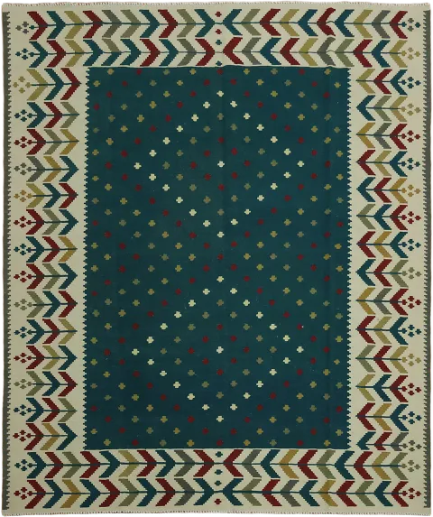 Vibrant Geometric Reversible Kilim Teal Rug with Artistic Zigzag Border 8x10