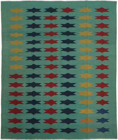 Sea-Foam Green and Red Starburst Patterned Kilim Rug 8'x10'