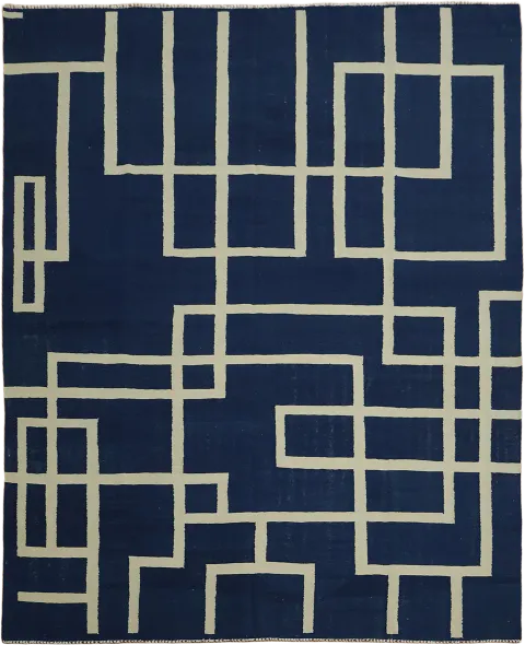 Contemporary Abstract Kilim Blue Rug with Cream Grid Pattern Design 8'x10'