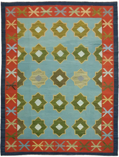 Hand-Woven Kilim Turkish Wool Rug with Intricate Blue, Red, and Green Motifs