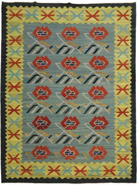 Vibrant Geometric Dusty Teal Color  Flat-Woven Kilim Rug 10'x14'