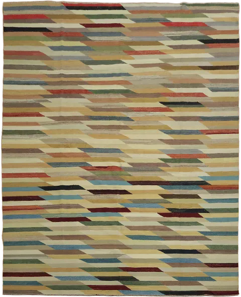 Colorful Contemporary Chevron Patterned Reversible Kilim Turkish Rug 10x13