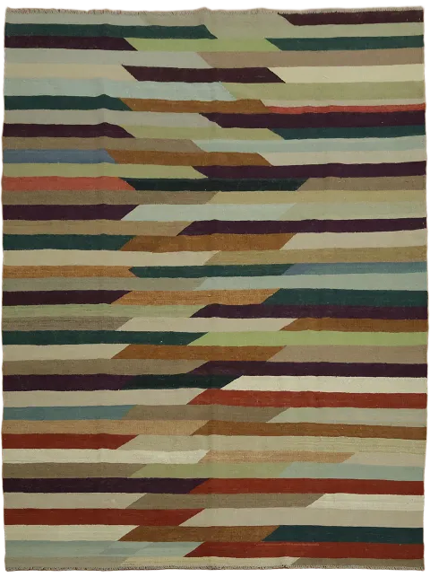 Bold and Dynamic Linear Striped Kilim Turkish Rug for Contemporary Spaces 7'x10'