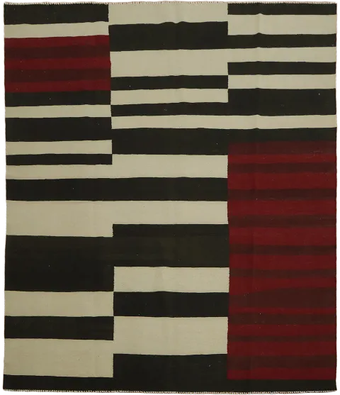 Modern Turkish Kilim Wool Rug with striking red, black, and Ivory contrasts 8'x10'