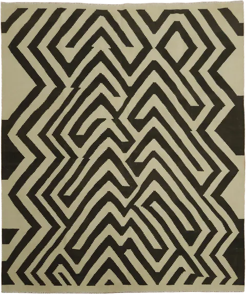 Modern labyrinth pattern Kilim Turkish Rug in Bold Black and Ivory 8'x10'