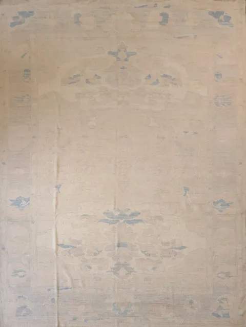 Vegetables Dye Beige and Blue Oushak Wool Rug Perfect for Minimalist Spaces 9x12