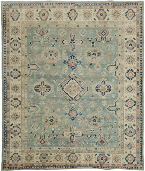 Muted Blue and Peach Kazak Vintage-inspired handmade Rug 8x10