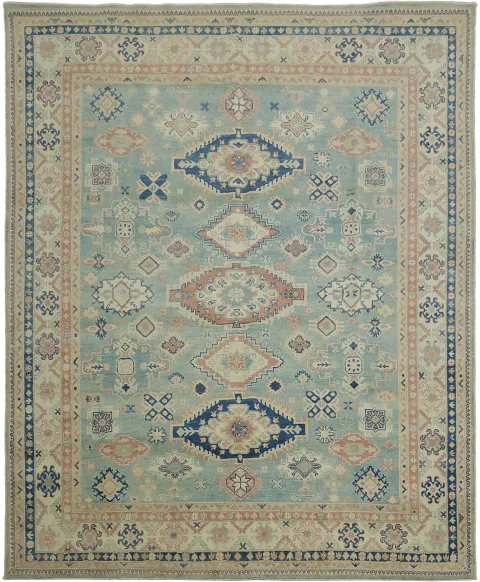 Blue and Beige Geometric Kazak Pakistani Wool Rug 8'x10'