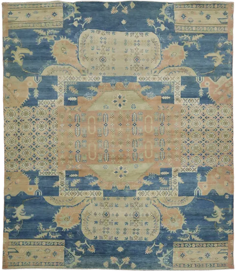 Traditional Blue and Beige Art Deco Rug with Graceful Motifs 8x10