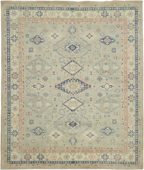 Classic Green Rug with Soft Pink Accents and Blue Geometric Designs 8x10