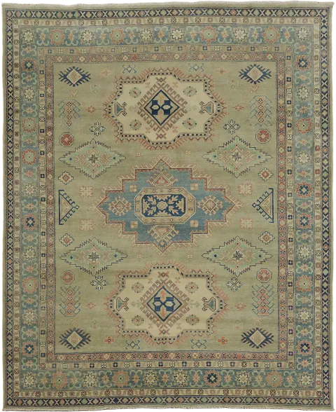 Earthy Green and Blue Hues Kazak Tribal One-Of-a-kind Rug 8x10