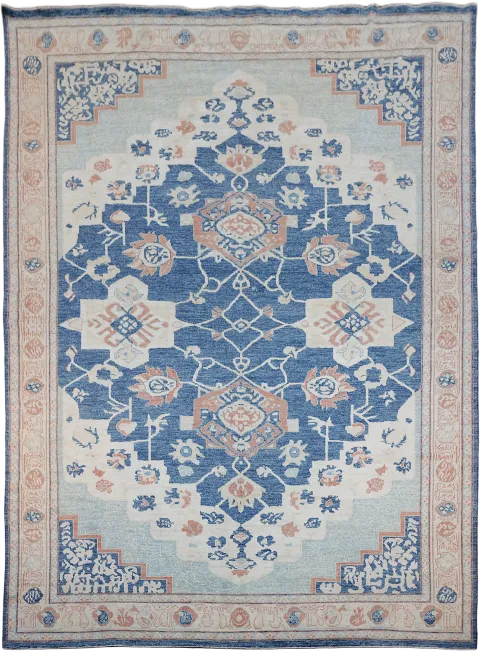 Geometric Muted Blue Oriental Oushak Turkish Large Wool Rug 10x14