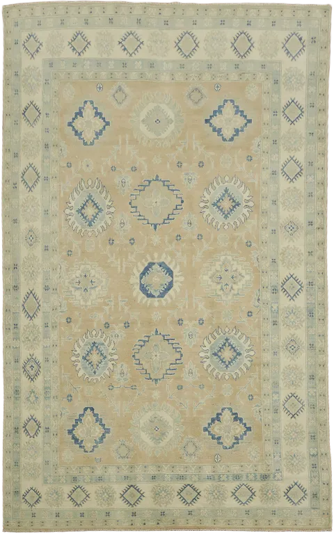 Elegant Beige and Blue Kazak Wool Area Rug with Geometric Patterns 6x9