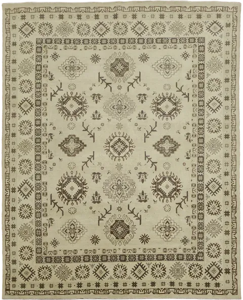 Beige and Brown Geometric Hand-Knotted Kazak Wool Rug 8x10