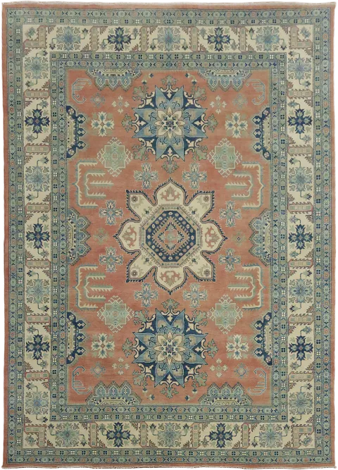 Elegant Coral and Blue Kazak Wool Rug with Traditional Designs 10'x14'