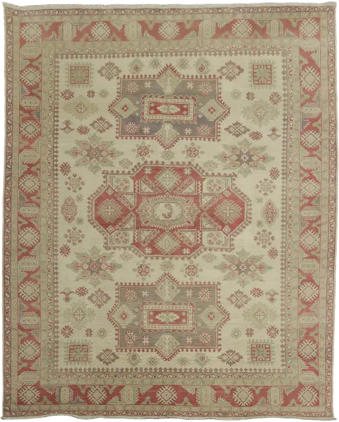 Vintage-Inspired Beige and Red Kazak Geometric Pattern Rug 8'x10'