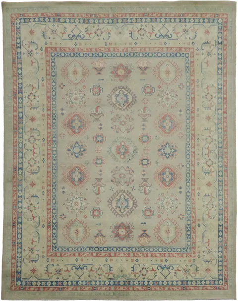 Sage Green Traditional Kazak Rug with Subtle Earth Tones and Patterns 8x10
